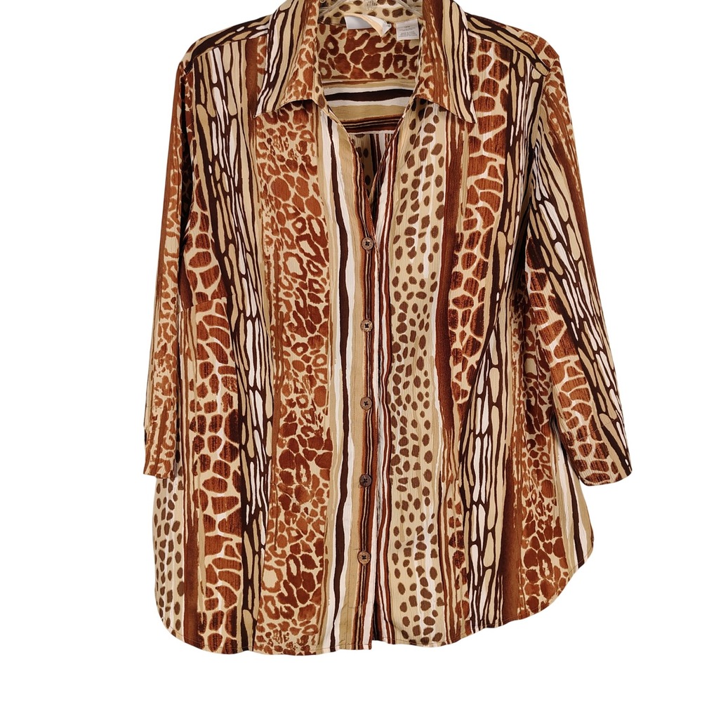 Alfred Dunner Womens SZ 16W Blouse Brown Animal Print Stripe Safari Mobwife